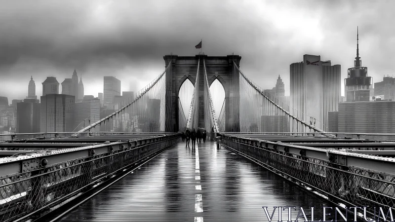 Brooklyn Bridge pedestrian deck with city skyline in rain.