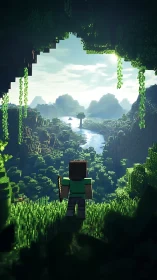 Voxel explorer overlooking lush river valley landscape.