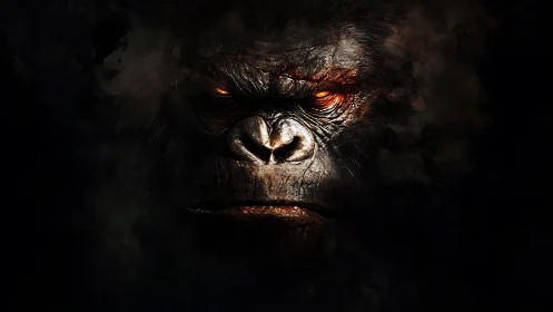 Fiery-eyed gorilla face emerging from dark shadows.