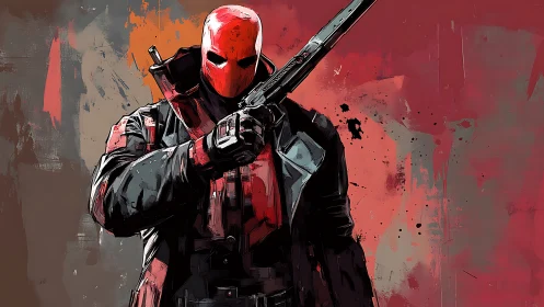 Digital painting of masked antihero with rifle on red ground.