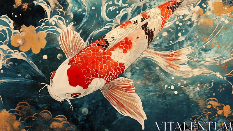 Gilded koi comet slicing teal waters in painted motion.
