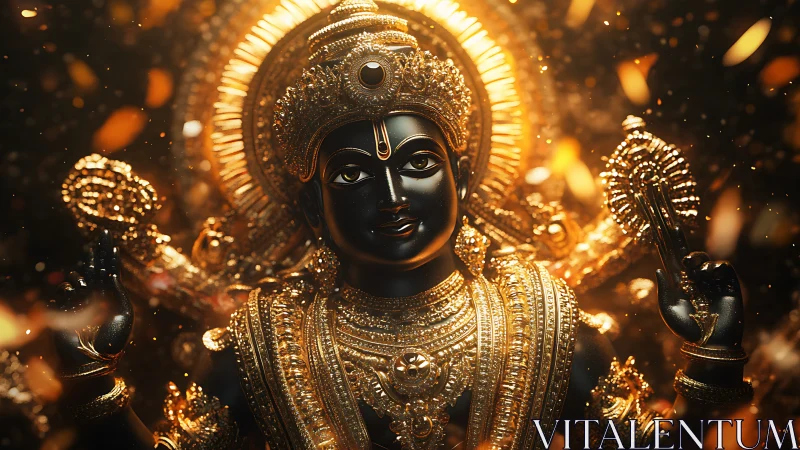 Radiant black stone deity glows in cascading golden light.
