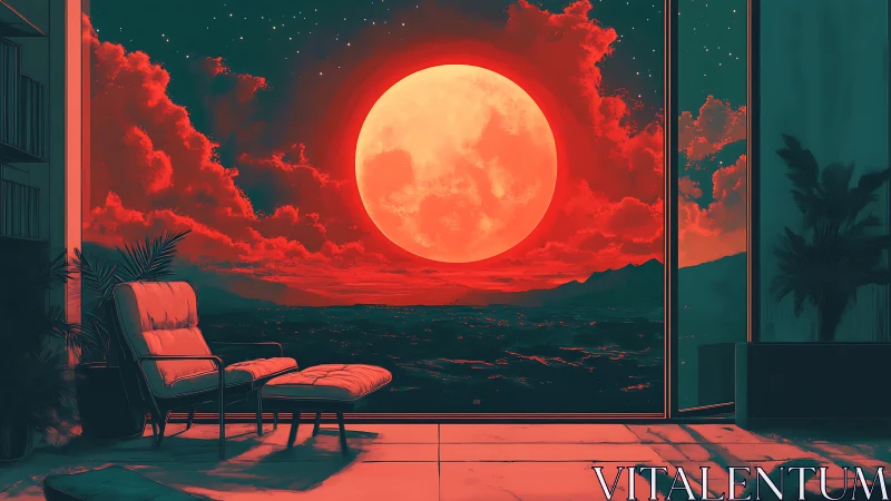 Vast red moon dominates coastal view from modern interior