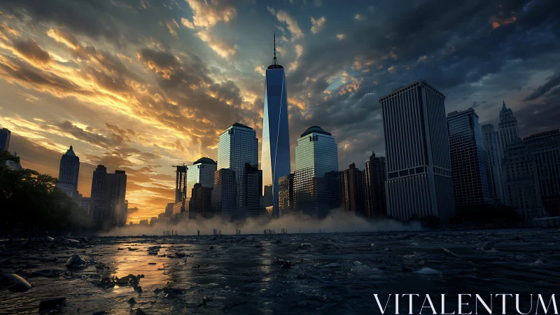 Urban waterfront skyline under dense clouds at dusk.