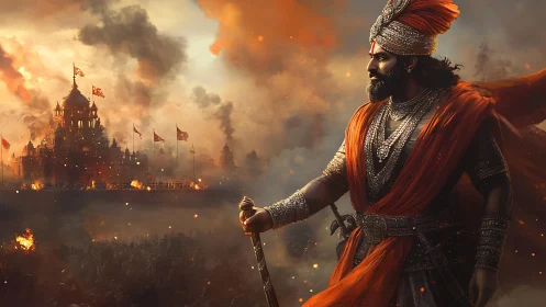 Ember crowned warrior studies his burning temple kingdom