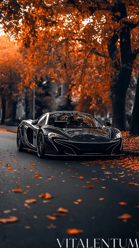 Sleek black sports car gliding through cozy autumn streets.