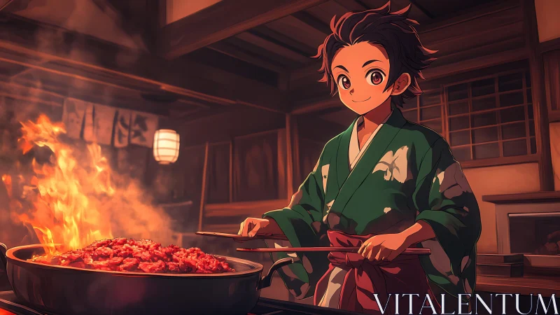 Anime boy cooks flaming stir fry in warm wooden kitchen.