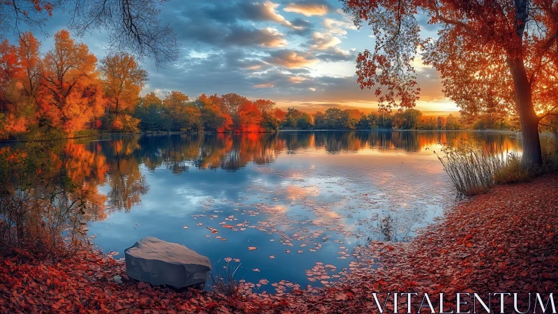 Autumn foliage surrounding reflective lake at sunset time.