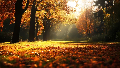 Backlit autumn woodland captures low-angle sun filtering leaves