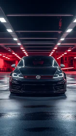 Sleek black VW GTI stands under red neon garage lights