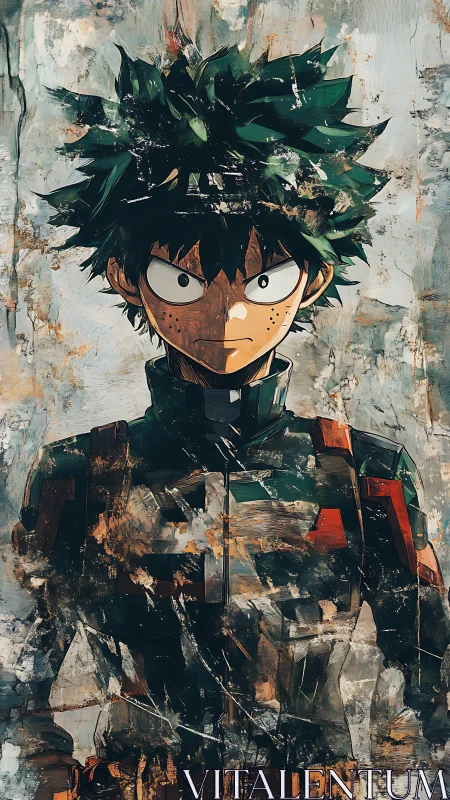 Stylized green haired anime figure in fragmented uniform portrait.