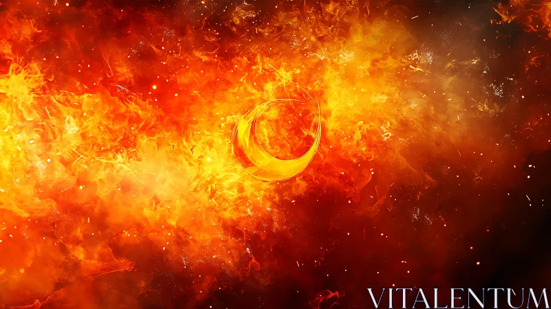 Digital flame vortex with glowing crescent form in fiery orange composition.