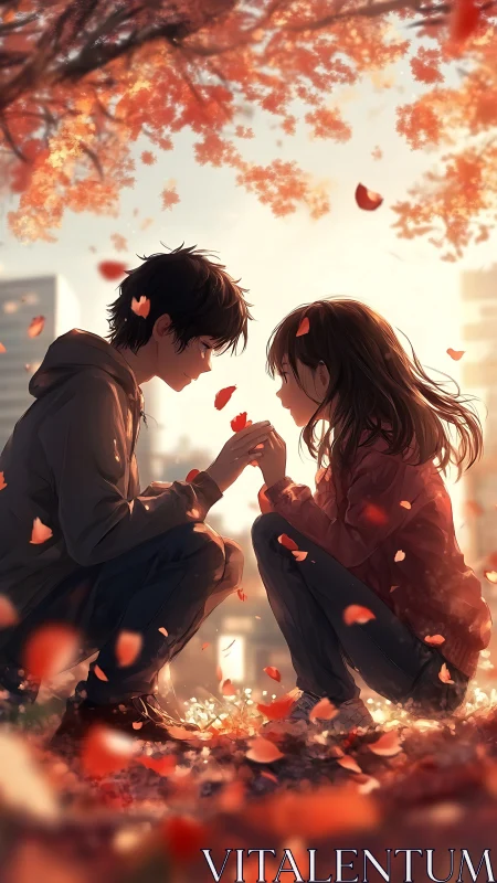 Two adolescents crouching under autumn foliage in cityscape.