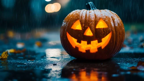 Glowing jack o lantern reflects on rain soaked pavement.