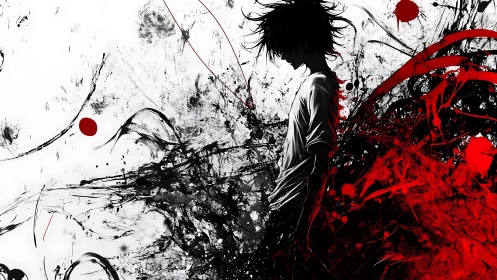 Silhouetted anime figure emerges from chaotic red shadows.