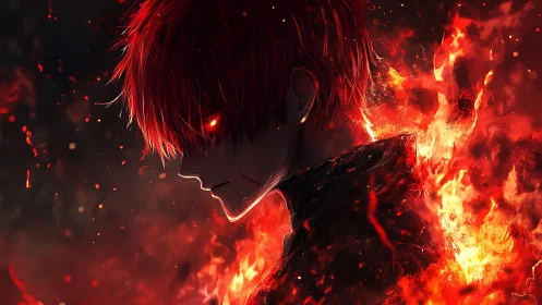 Fiery red haired anime figure in profile surrounded by flames.