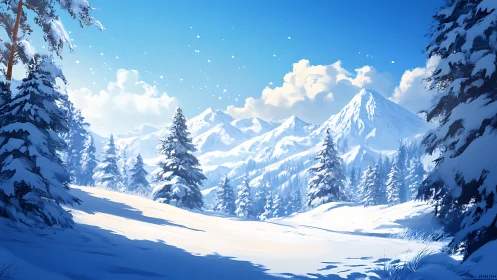 Snow-laden pines frame bright alpine mountains in winter.