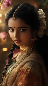 Cinematic portrait of Indian woman in ornate bridal adornment