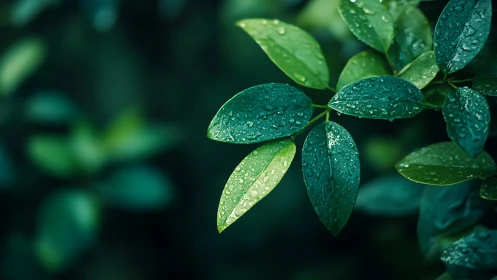 Rain-kissed green leaves glowing softly in gentle shade.