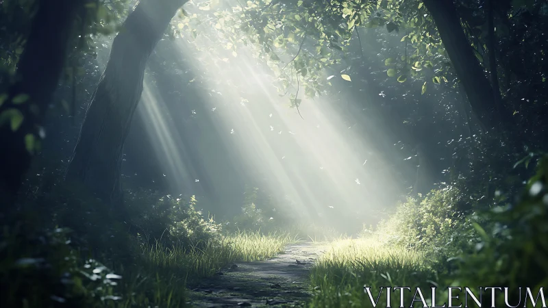 Enchanted forest path bathed in whispering shafts of light.