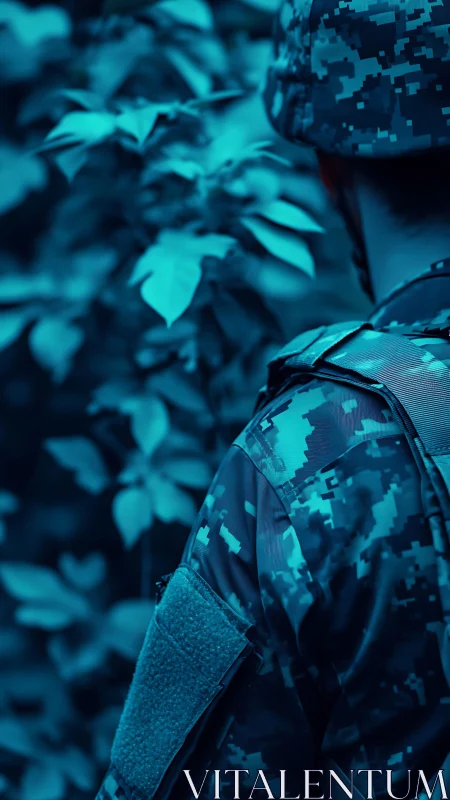 Soldier in digital camouflage uniform near dense foliage.