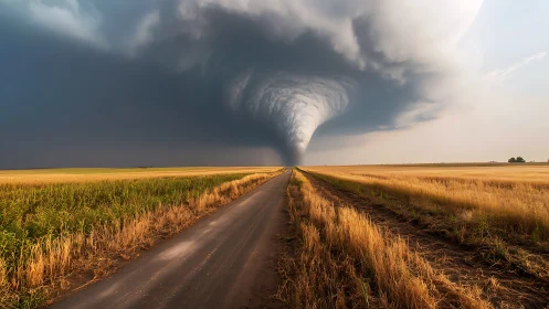 Storm-chased country road meets a towering prairie tornado