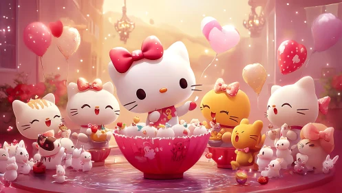 Three-Dimensional Rendered Scene With Anthropomorphic Cat Characters and Decorative Elements