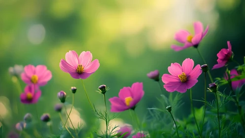 Pink cosmos flowers displaying shallow depth of field photographic rendering