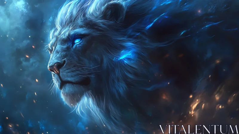 Starlit lion drifts through cosmic tides with burning blue eyes