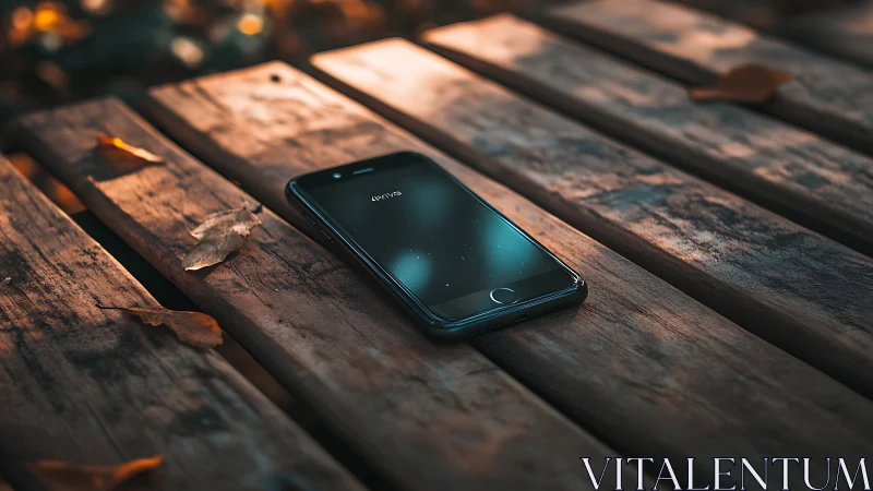 Smartphone rests on weathered wooden planks in golden sunlight.