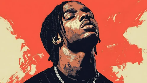 Stylized portrait of man with dreadlocks on orange ground.