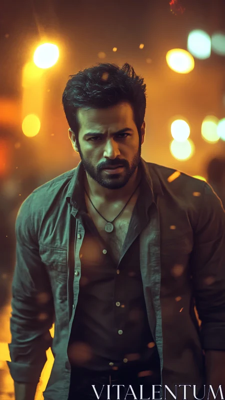 Moody street portrait with cinematic neon bokeh glow.