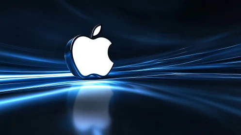 Luminous chrome logo adrift on electric sapphire currents.