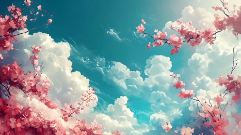 Cotton-cloud sky cradling dream-bright cherry blossoms.