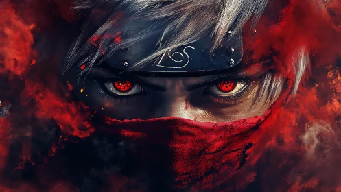 Masked ninja portrait with glowing red eyes in smoke.