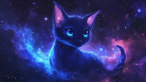 Cosmic Feline with Glowing Eyes in Nebula Space.