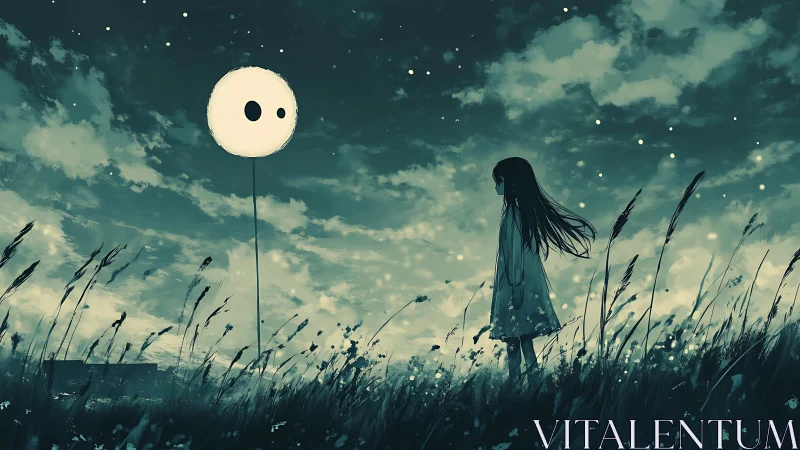 Moonfaced balloon lingers beside a windblown twilight child