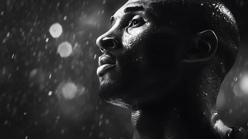 High-contrast wet portrait under directional stadium rain lighting.