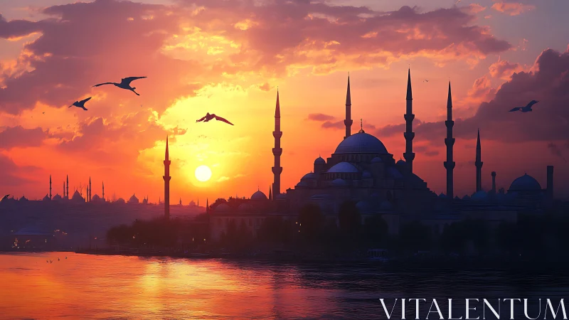 Sunset domes whisper over the water while birds script light