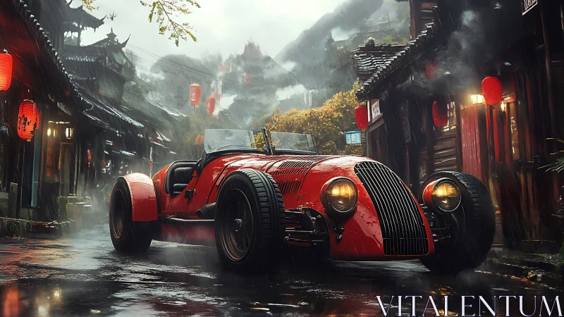 Scarlet roadster under rain in neon-lit old street.