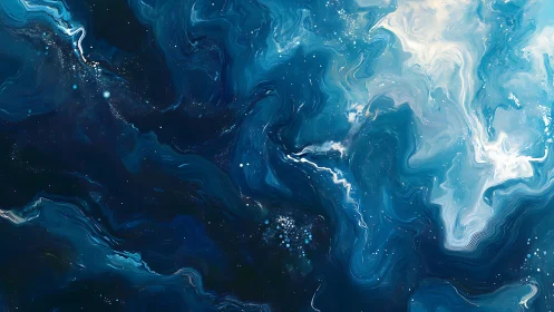 Cosmic ocean of swirling blue nebulae and radiant light.