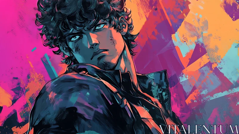 Brooding curly haired man in stylized neon portrait.