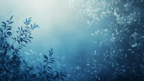 Blue foliage silhouettes dissolve into soft atmospheric glow.