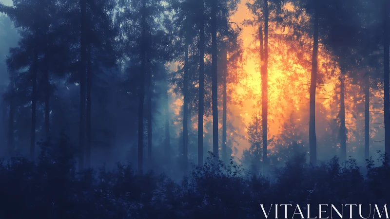 Forest landscape with coniferous trees illuminated by atmospheric light