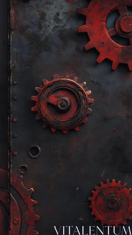 Corroded red steel gears interlocked on distressed dark metal panel