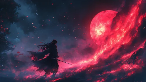 Crimson moon ignites a lone swordsman’s burning horizon