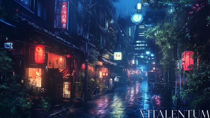 Cozy neon alleyway glowing softly in the gentle night rain.