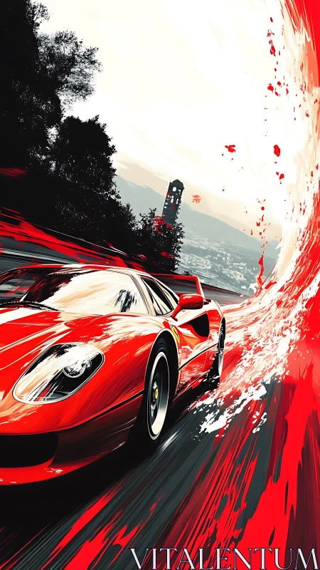 Red mid‑engine supercar on mountain road with dynamic paint arcs