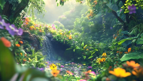 High-saturation 3D rainforest glade with volumetric waterfall lighting