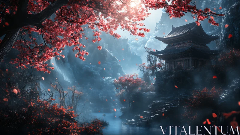 Moonlit mountain shrine rests beneath crimson cherry bloom